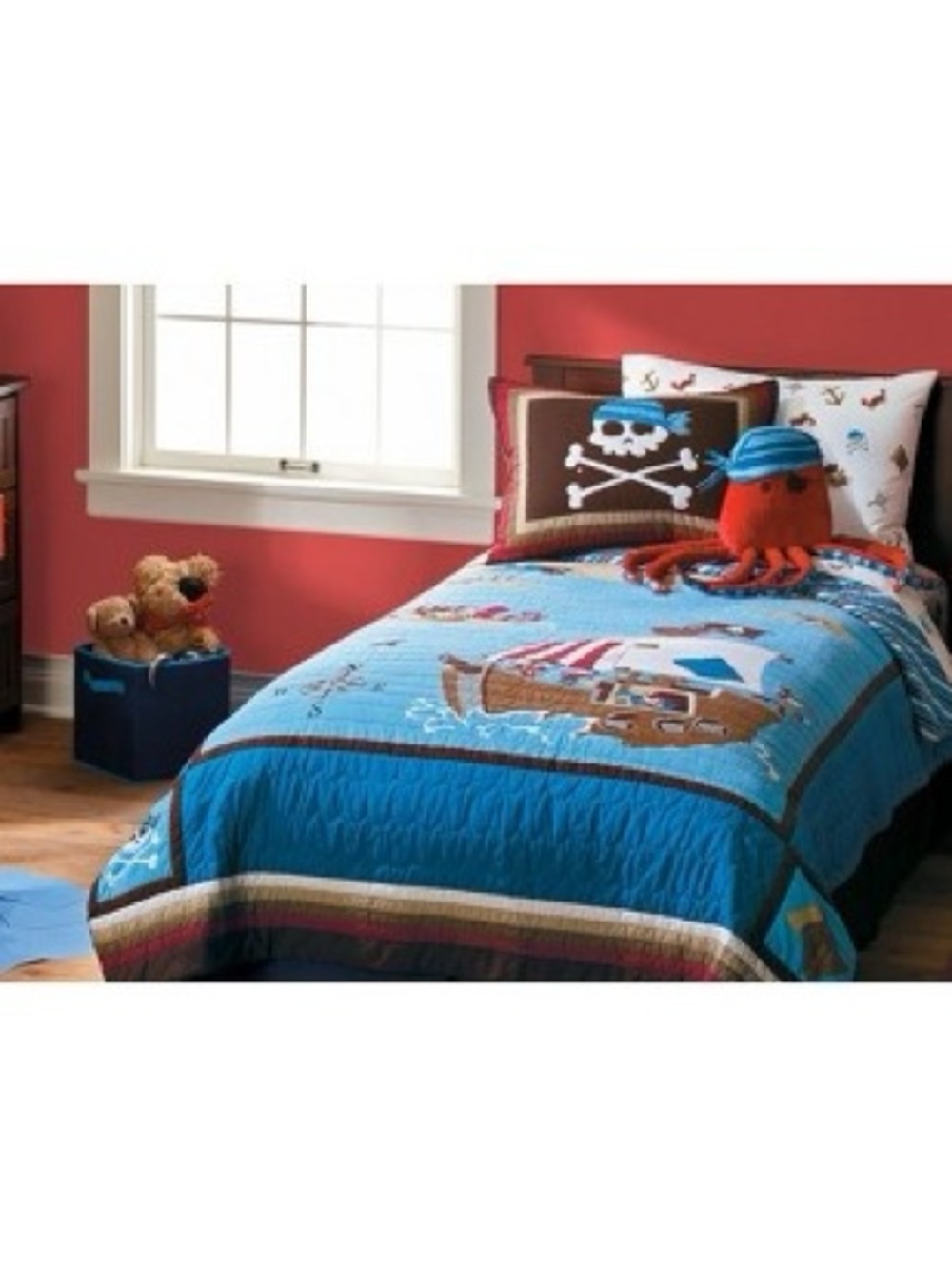Circo Blue Pirate Ship Kids Twin Quilt Brown Accent Skull Crossbones Nautical